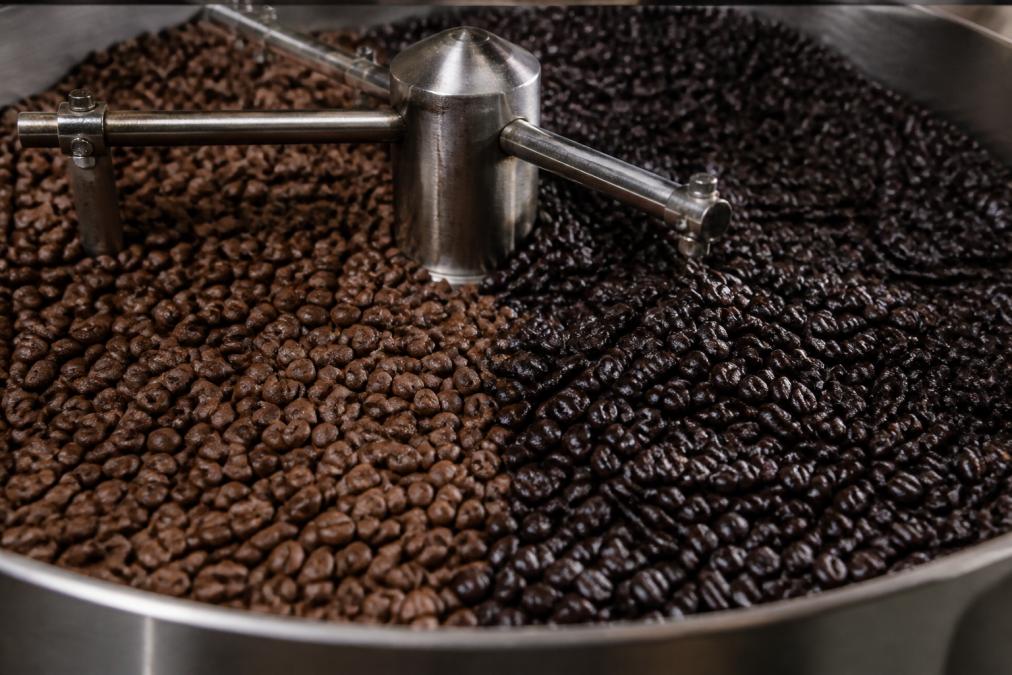 Close-up of freshly roasted coffee beans in a cooling tray, showing distinct color variations between medium roasts and dark roasts with visible surface oils