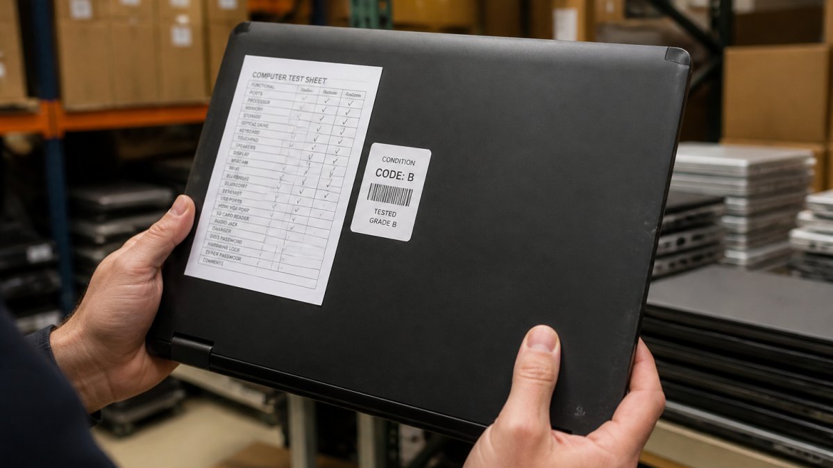 Hands holding a used business laptop with a condition sticker and inspection report in a warehouse
