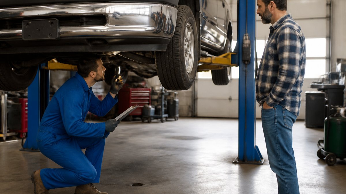 A mechanic inspects a used pickup truck on a lift while buying used cars remotely with a customer watching.