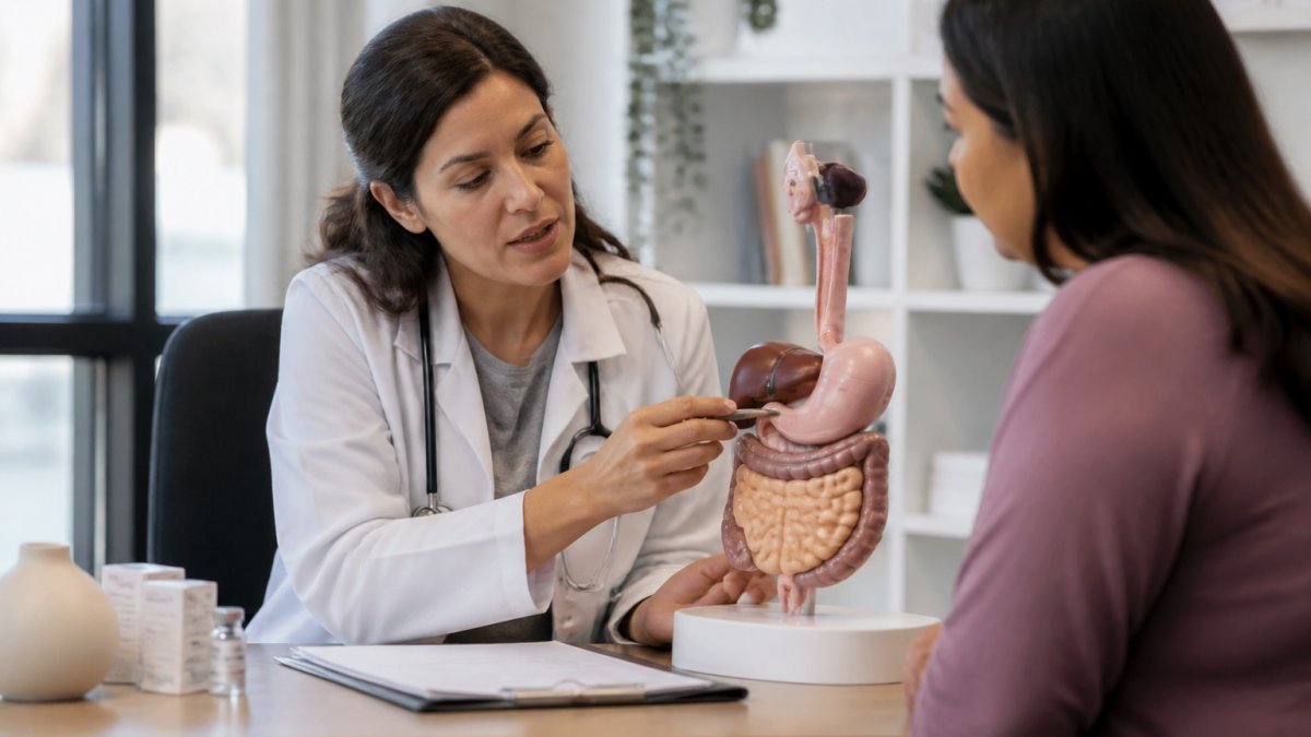 A healthcare provider in a bright clinic office explaining a treatment plan to a middle-aged patient, with a model of the digestive system on the desk