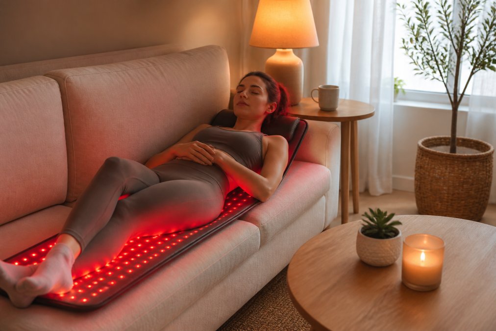 A woman relaxing on a sofa with a red light therapy mat glowing softly beneath her, eyes closed, in a warmly lit living room