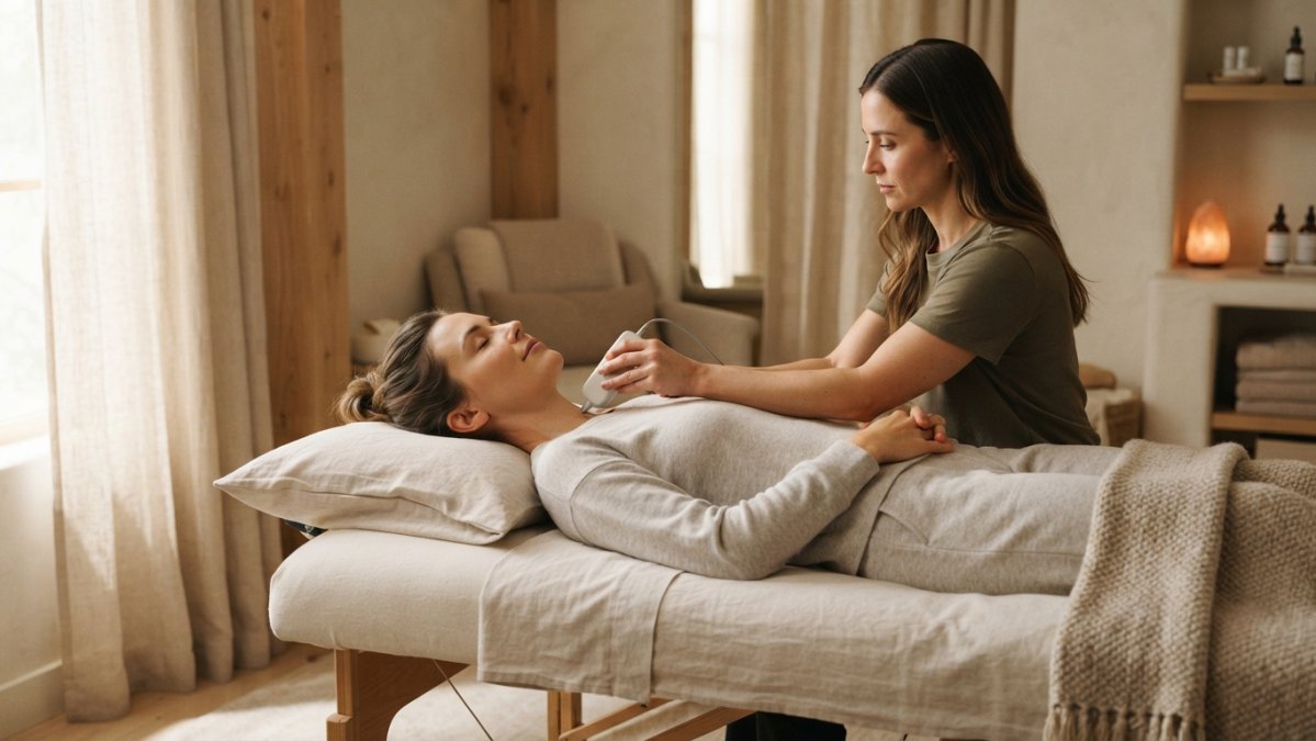 A calm, warmly lit wellness studio in Los Angeles with a client resting on a treatment table while a practitioner adjusts a noninvasive vagus nerve stimulation device near the neck, soft natural light and neutral tones