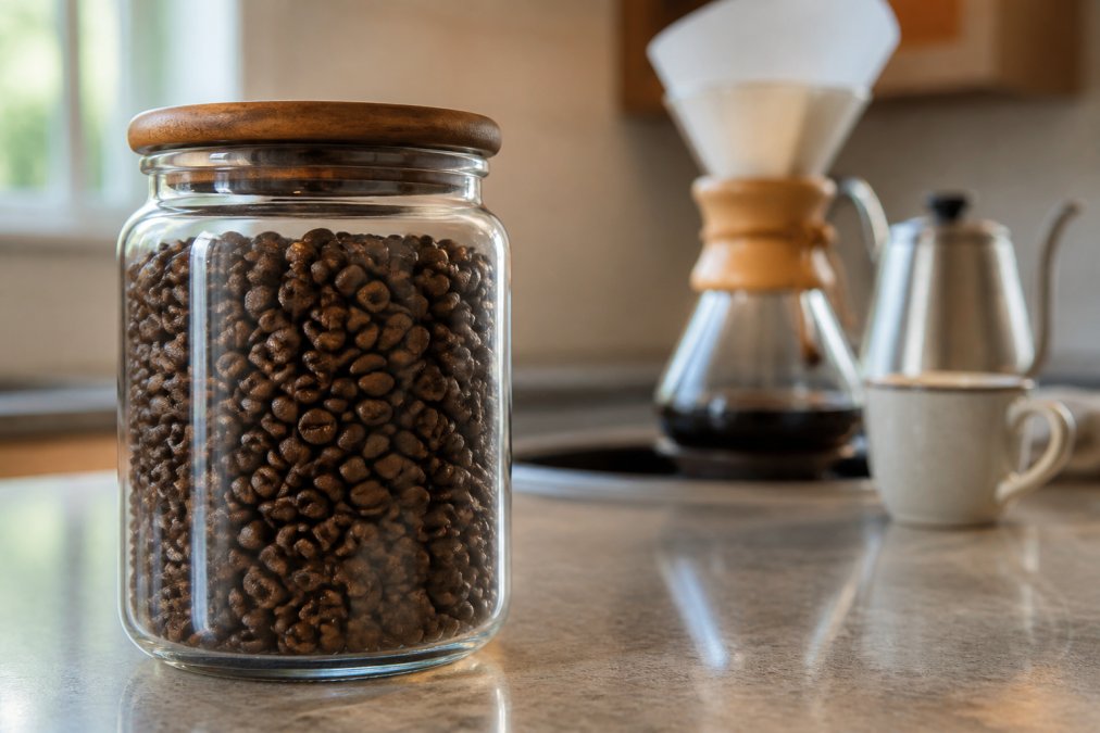 Close-up of freshly roasted whole coffee beans resting in a glass jar on a kitchen counter, with soft morning light and a pour-over setup blurred in the background