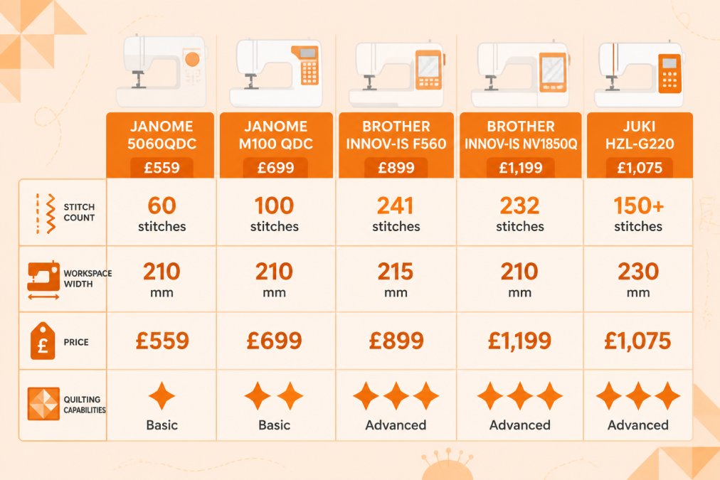 Feature comparison matrix showing stitch count, workspace width, price, and quilting capabilities for Janome 5060QDC (£559, 60 stitches), Janome M100 QDC (£699, 100 stitches), Brother Innov-is F560 (£899, 241 stitches), Brother Innov-is NV1850Q (£1,199, 232 stitches), and Juki HZL-G220 (£1,075, 150+ stitches)