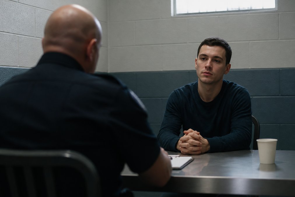 Diagram showing the calm body language used during a trick question police ask in an interrogation room.
