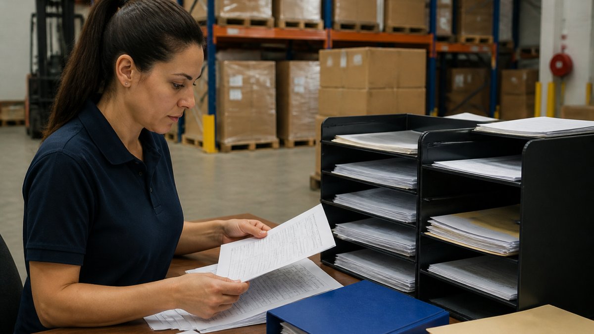 Professional warehouse staff reviewing customs import documentation at a workstation with organized filing system and computer terminal, natural office lighting