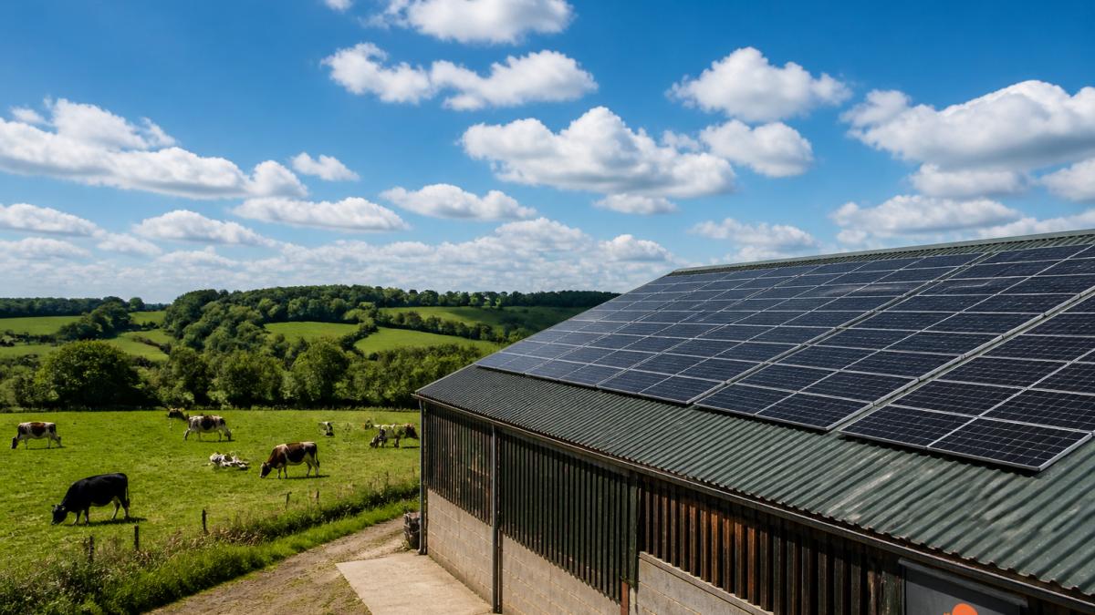 Solar panels on a barn roof providing renewable energy for agricultural businesses with livestock grazing nearby.