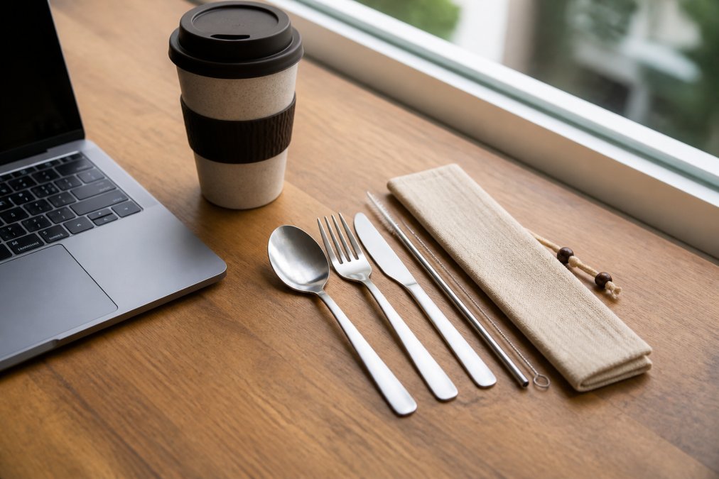 Reusable cutlery set with a hemp pouch placed on a wooden office desk next to a laptop and coffee cup