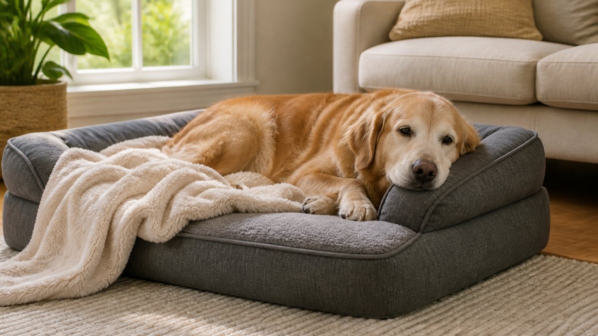 Senior golden retriever resting on a thick orthopedic bed in a sunlit living room with a soft cozy blanket.