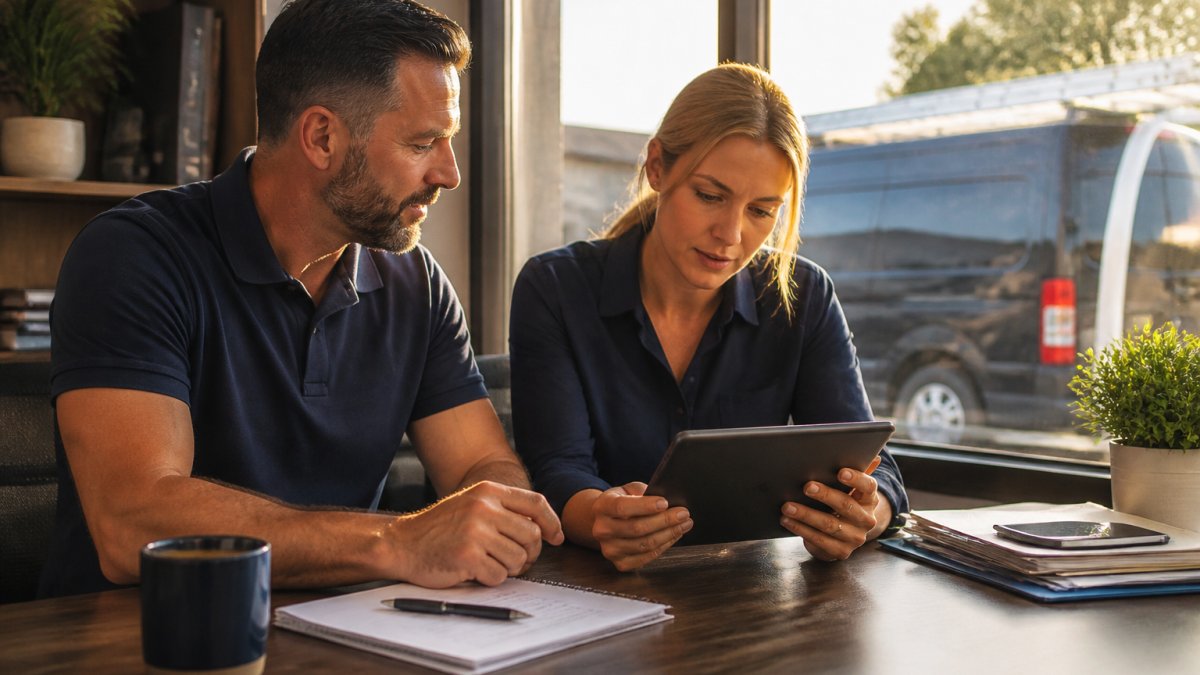 Operations manager and owner reviewing a workflow automation schedule on a tablet inside a service office