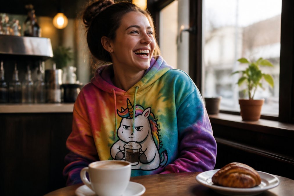 Person wearing a colorful graphic hoodie with a humorous design, laughing while sitting in a cozy coffee shop with warm lighting streaming through windows