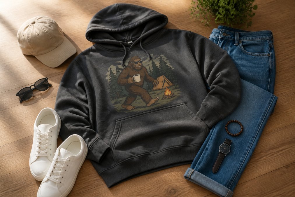 Flat lay of a graphic hoodie layered with jeans, white sneakers, and simple accessories on a clean wooden surface with natural daylight