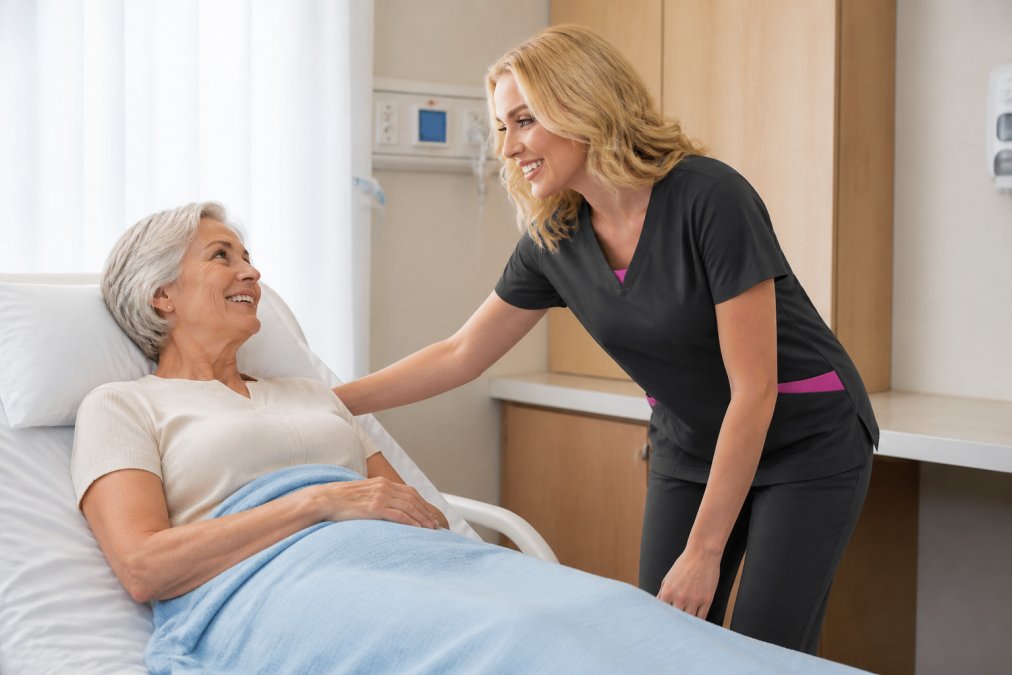 Nurse in well-fitted scrubs bending and reaching to assist a patient in a bright hospital room, showing fabric stretch and movement during active clinical care