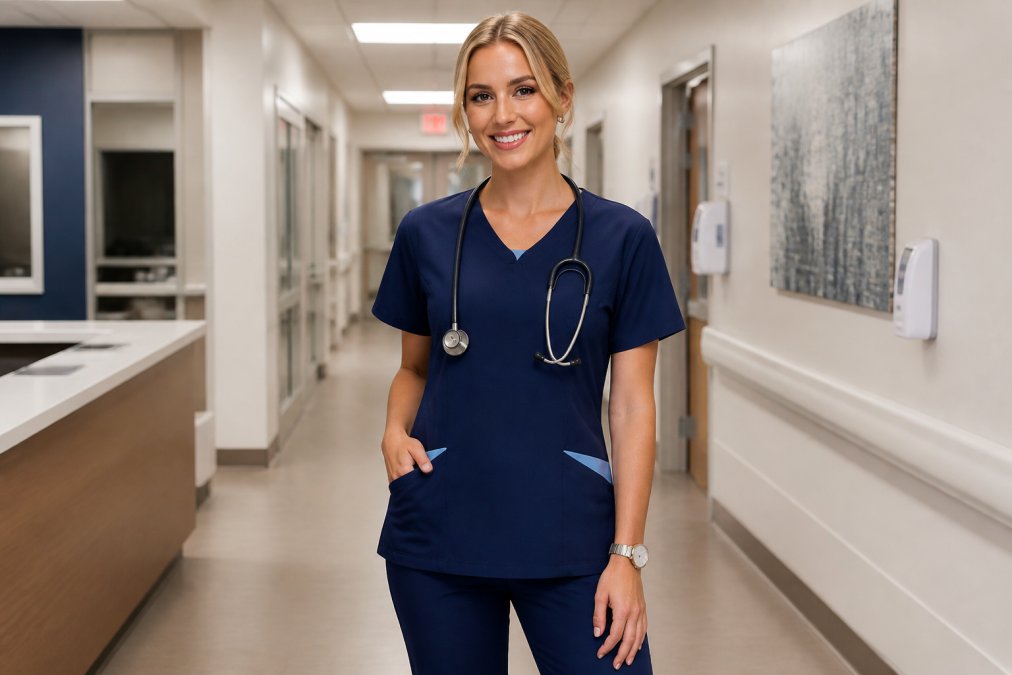 Nurse wearing well-fitted dark blue Love2wear scrubs with a stethoscope, professional watch, and coordinated accessories in a modern hospital hallway with neutral lighting
