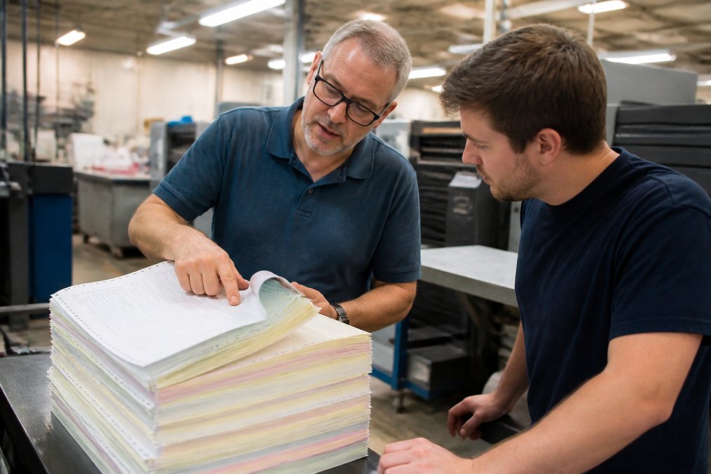 A manager in a commercial print shop reviewing a large stack of freshly printed carbonless multipart forms, pointing to details on the top sheet while a press operator looks on under bright workshop lighting