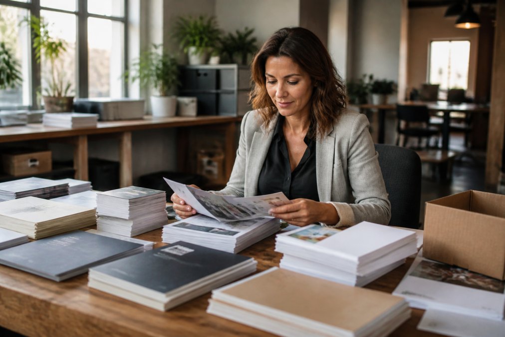 Small business owner reviewing stacks of printed marketing materials, business cards, branded folders, and letterheads, spread across a desk with natural office lighting