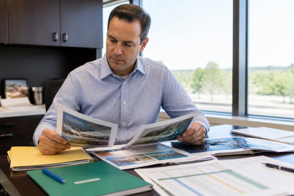 Business professional at a desk reviewing and comparing multiple printed marketing materials and business collateral samples, with color-coded folders and spreadsheets, morning natural light from office window