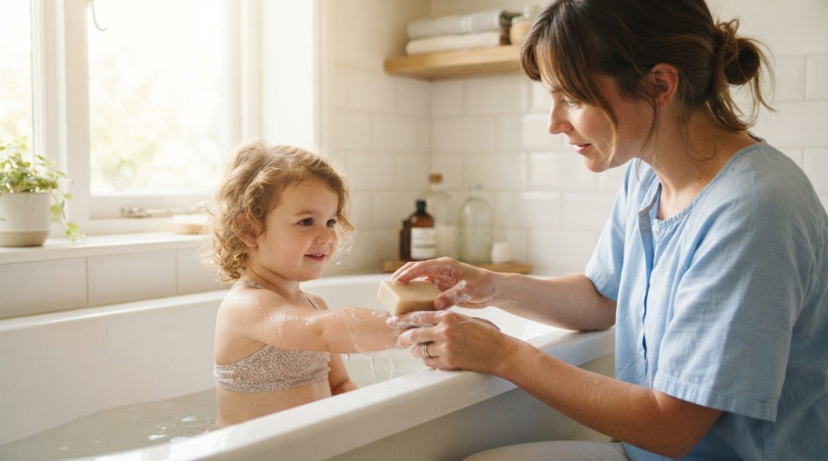 A mother gently washing her young child's arm with a natural-looking bar of soap in a bright, clean bathroom, soft natural light through the window, the scene calm and soothing