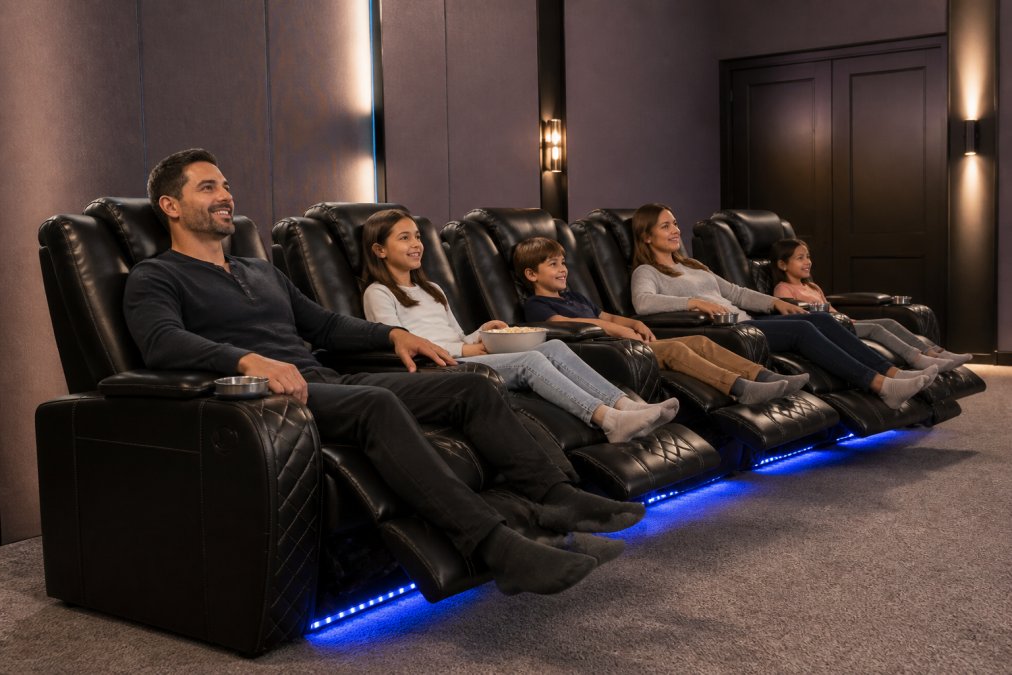 Family relaxing in a home theater room with power recliners positioned at proper viewing distance, showing ergonomic comfort during movie viewing with ambient lighting
