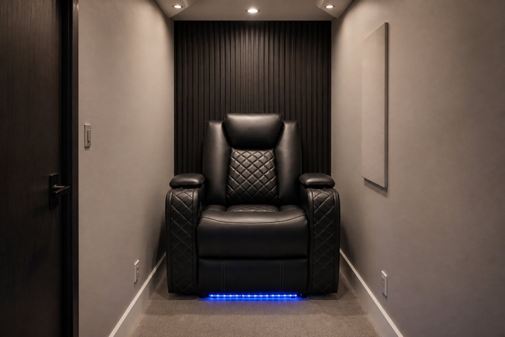 Compact media room with a single power recliner positioned against the wall, showing proper viewing distance and how theater seating fits efficiently in a small space with minimal depth