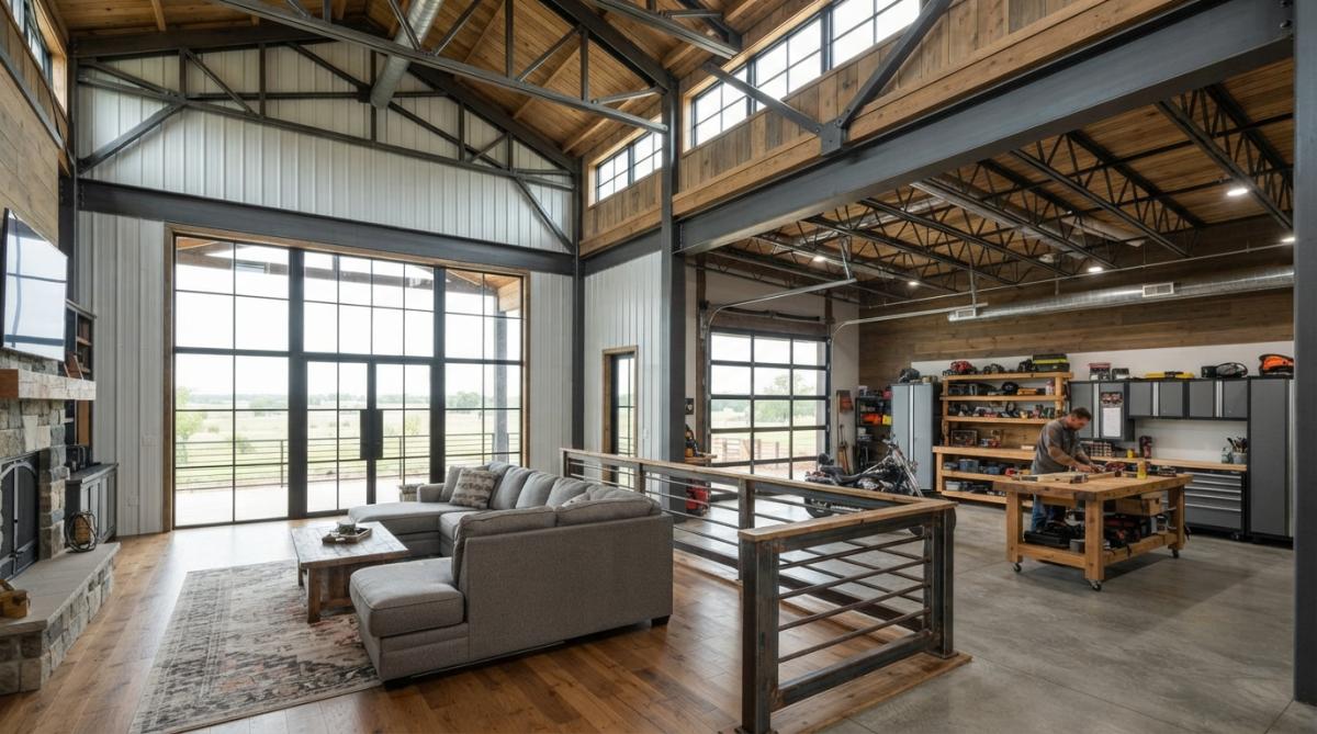 Modern barndominium interior showcasing open-span structural steel beams, exposed trusses, and integrated workshop space with natural light streaming through large windows and clerestory framing