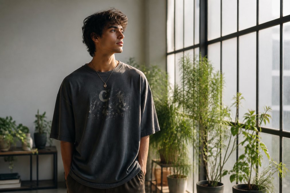 A young person wearing a vintage-washed oversized cotton t-shirt with subtle celestial moon and star symbols, standing in a sunlit minimalist room with plants, looking contemplative and aligned