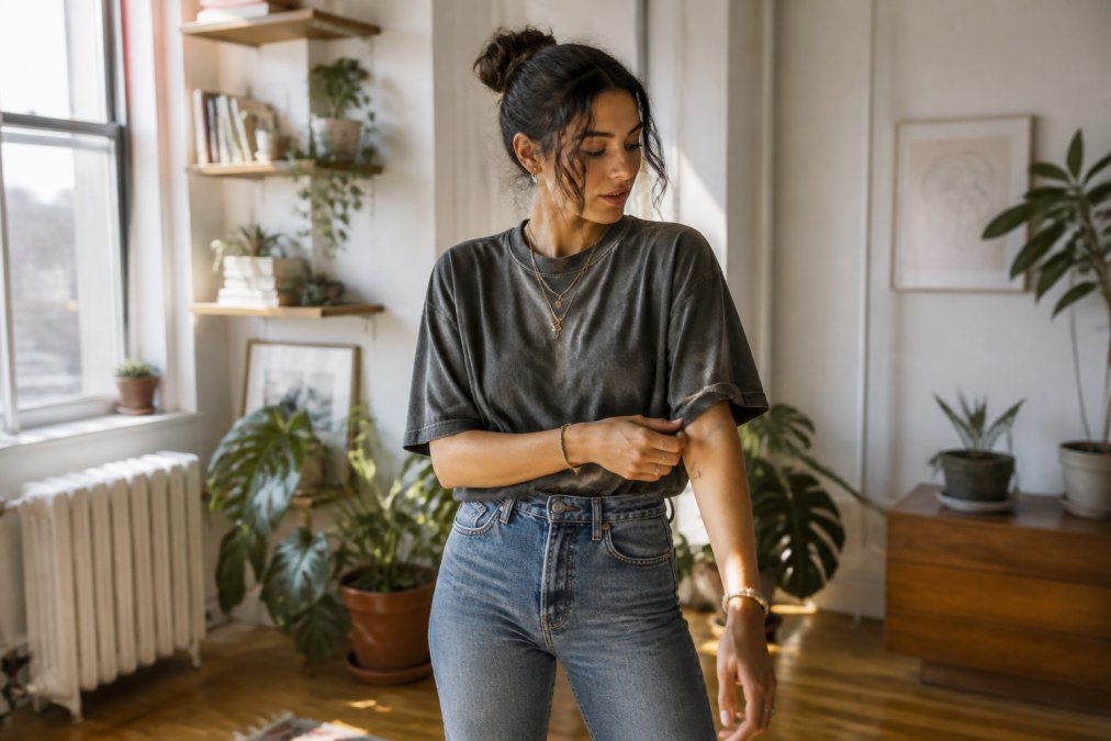 A young woman wearing a vintage-washed oversized angel number graphic tee tucked into high-waisted jeans, standing in a sunlit apartment with plants and minimalist decor, adjusting her sleeve