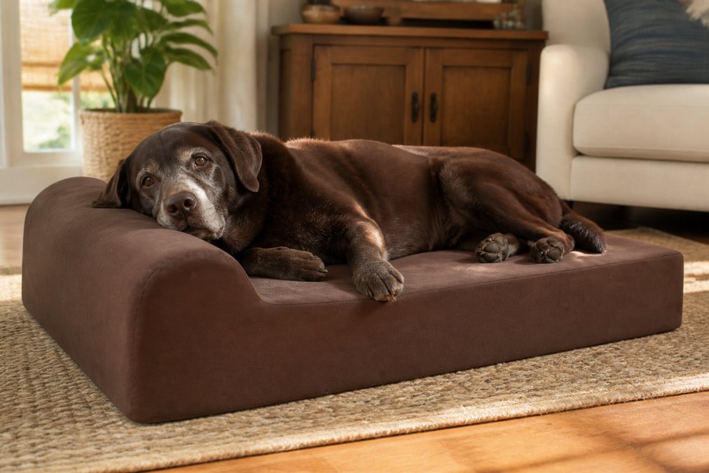 Senior dog with gray muzzle resting comfortably on a thick memory foam orthopedic bed in a sunlit living room, showing relaxed posture with head supported by bolster pillow and body fully cushioned