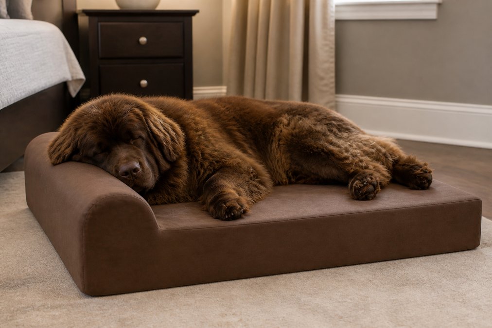 Large senior dog sleeping peacefully on a thick memory foam orthopedic bed in a quiet bedroom, body fully supported with head resting on bolster pillow, demonstrating proper joint alignment and pain-free positioning