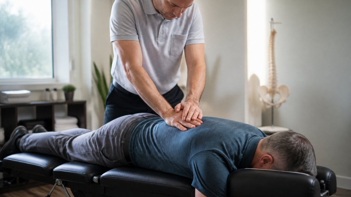 A chiropractor in a bright clinic performing a gentle spinal adjustment on a middle-aged patient lying on a treatment table, with a therapist's hands positioned on the patient's back