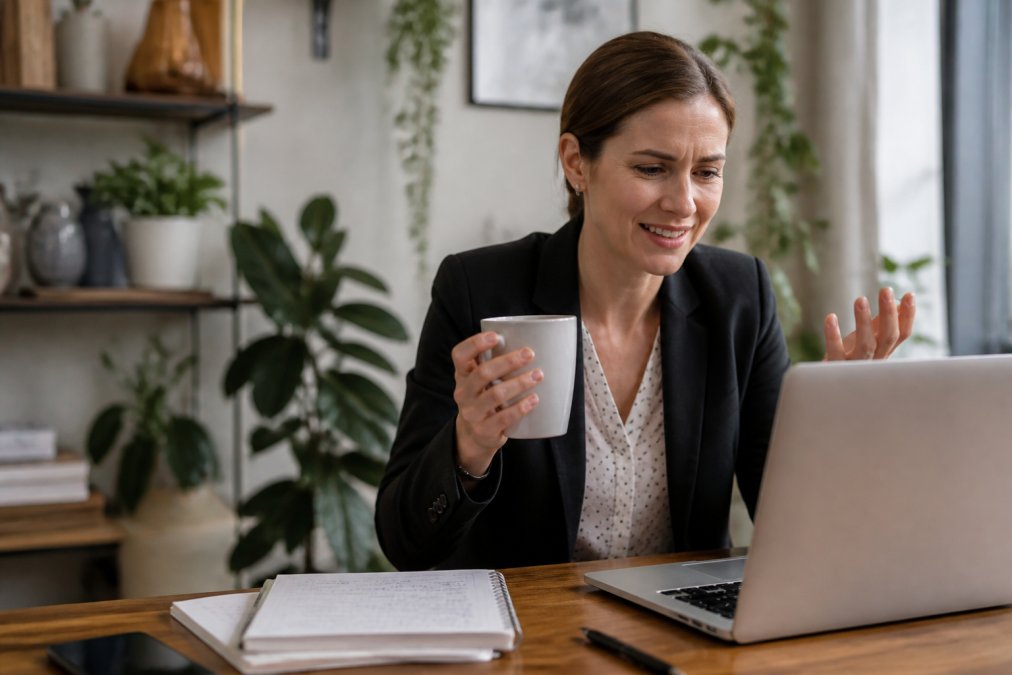 Professional woman smiling on a video call while showing signs of high functioning anxiety with a tense grip.