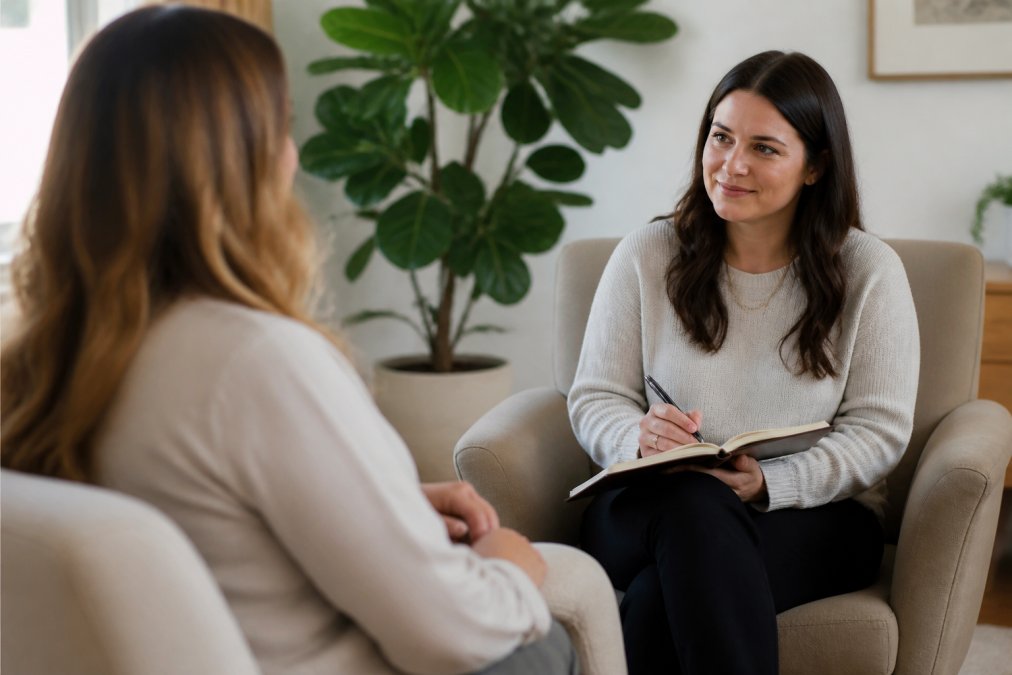 Professional demonstrating therapy for high functioning anxiety technique in modern clinical setting with natural lighting