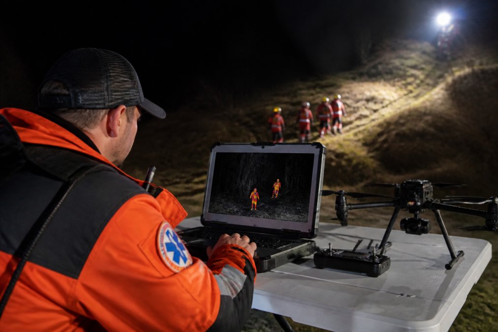 Thermal drone operator monitoring real-time infrared feed on a laptop during nighttime search and rescue operation, with heat signatures visible on the screen in orange and yellow tones against a dark background