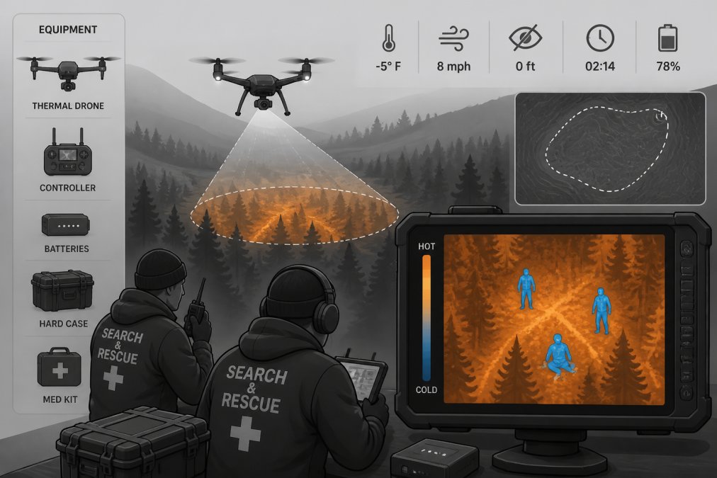 Emergency response team with thermal drone equipment preparing for nighttime deployment, with thermal imaging display showing search area in orange and blue heat signatures