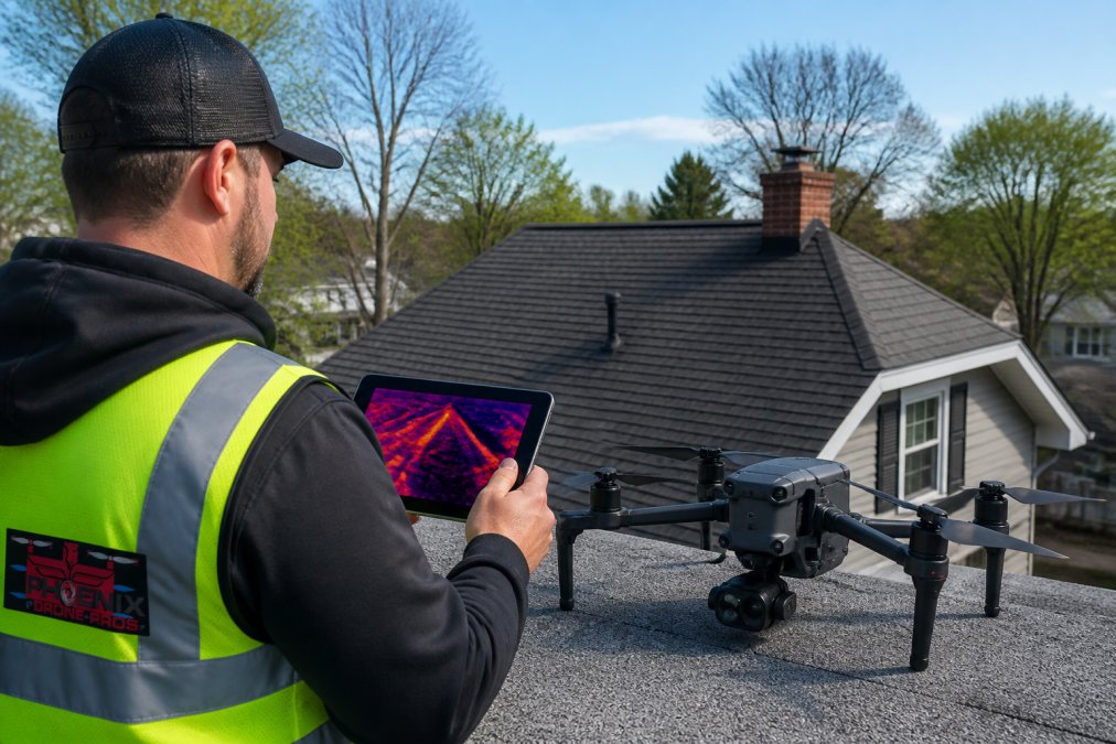 Drone pilot reviewing a thermal imaging drone roof inspections flight plan on a tablet near a residential home