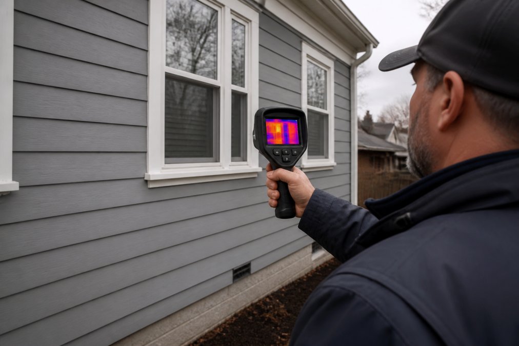 Inspector using thermal imaging for home insulation to detect heat loss through exterior wall temperature gradients.
