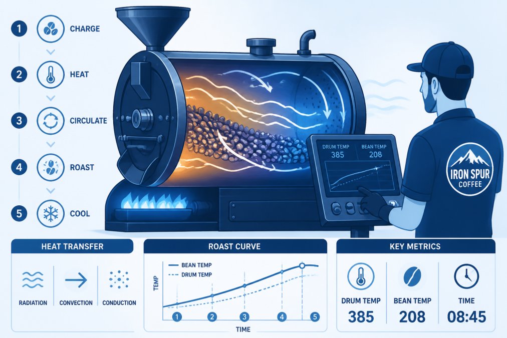 Professional coffee roaster monitoring a drum roaster with visible heat waves and beans tumbling during the roasting process, showing active heat transfer and thermal circulation inside the drum