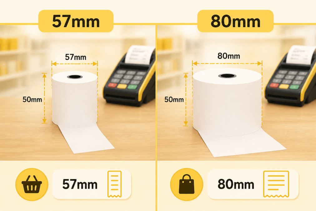 Close-up of two thermal receipt paper rolls side by side on a wooden retail shop counter, clearly showing the size difference between a narrow 57mm roll and a wider 80mm roll, with a POS terminal softly visible in the background under warm overhead lighting