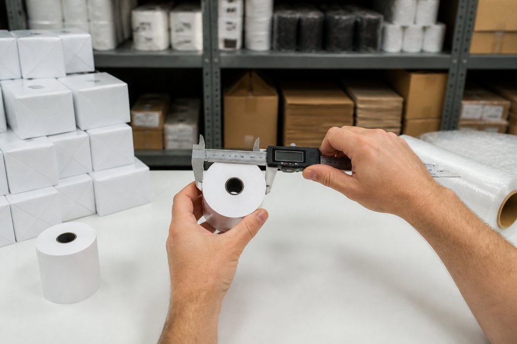A pair of hands holding a thermal receipt paper roll with a digital calliper measuring the outer diameter of the roll, on a clean white surface in a well-lit stockroom, with packaging materials visible in the background