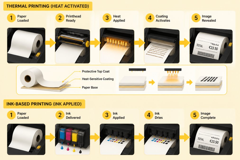 Close-up of thermal receipt printer with paper roll partially ejected, showing the printhead mechanism and heat-sensitive coating activation process with warm lighting