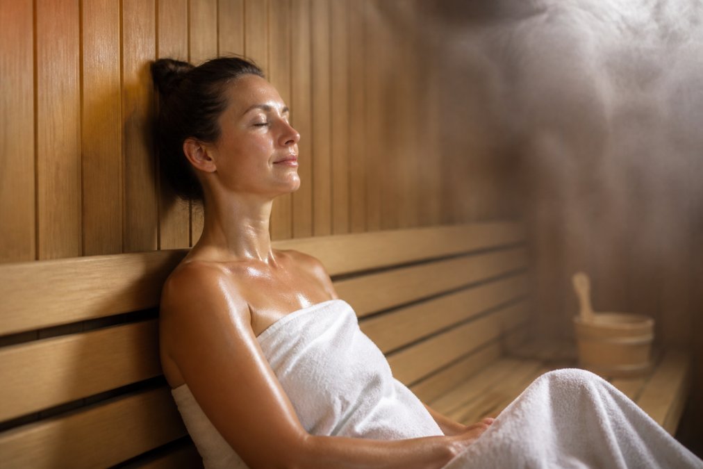 Person relaxing in a warm sauna with eyes closed, appearing calm and peaceful, with warm steam visible in the background