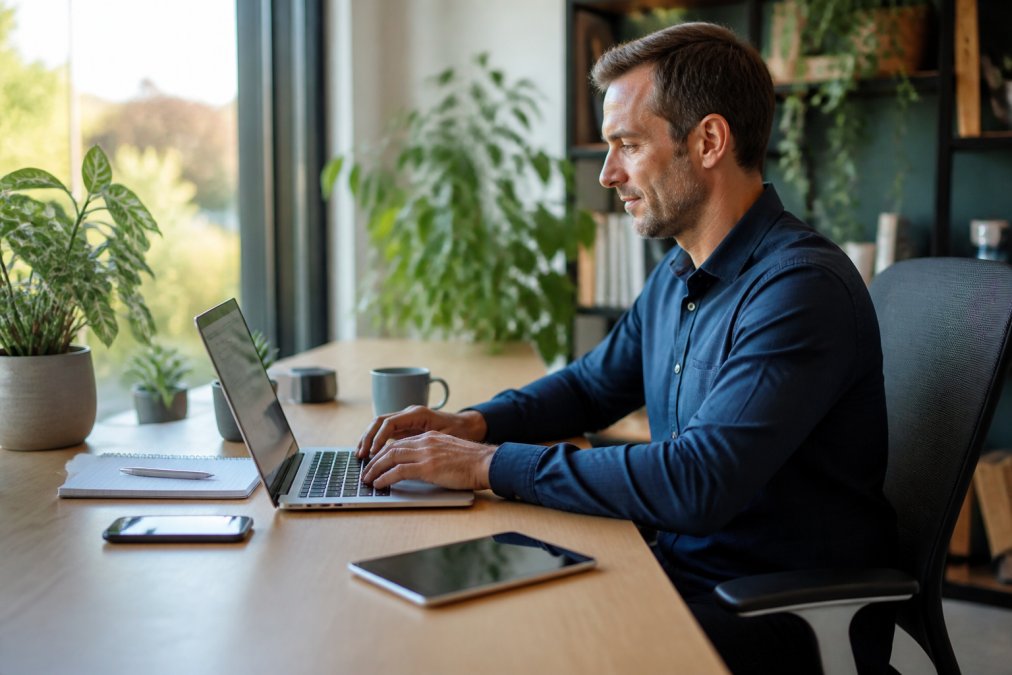 Professional at desk in calm, naturally lit office workspace, appearing focused and energised, with plants and minimal clutter visible, posture relaxed but engaged