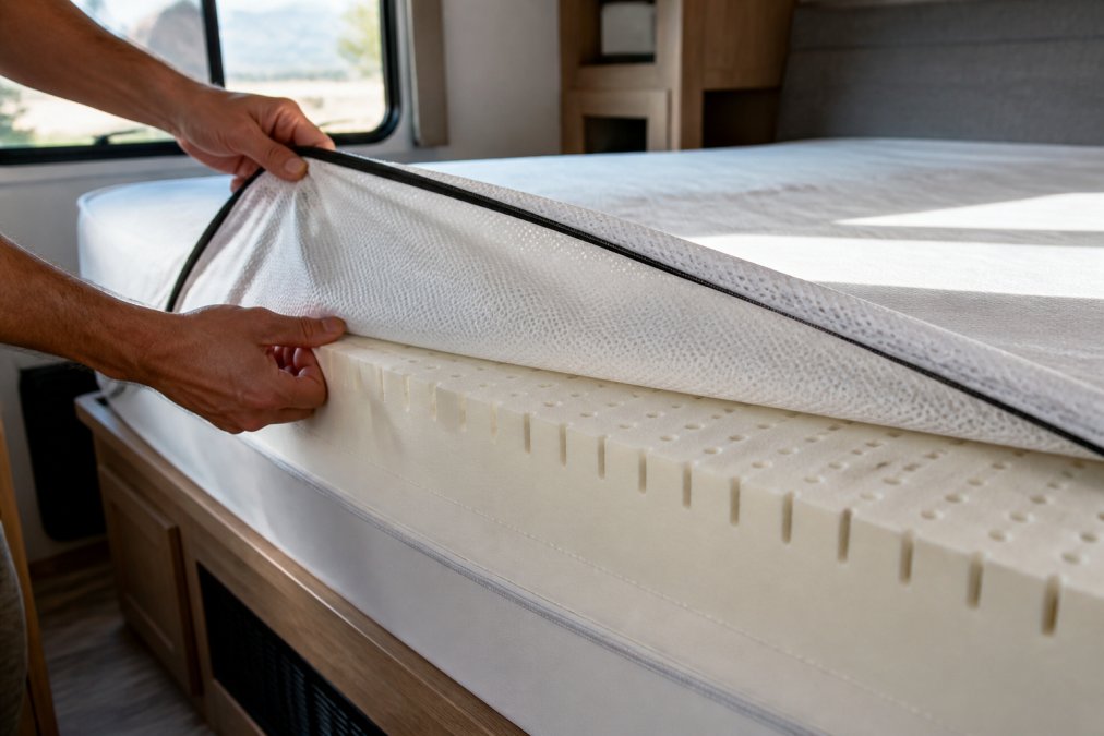 Breathable cover lifted to show the foam comfort layer of an RV mattress