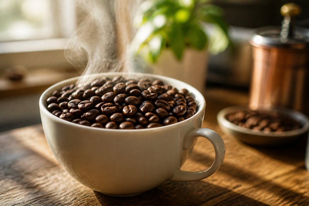 Close-up of freshly roasted coffee beans in a white ceramic cup with steam rising, morning sunlight streaming through a kitchen window