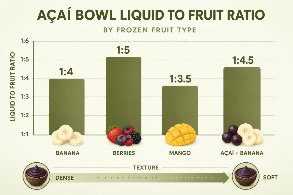 Bar chart comparing liquid-to-fruit ratios by frozen fruit type: banana 1:4, berries 1:5, mango 1:3.5, acai plus banana 1:4.5, with texture labels from dense to soft