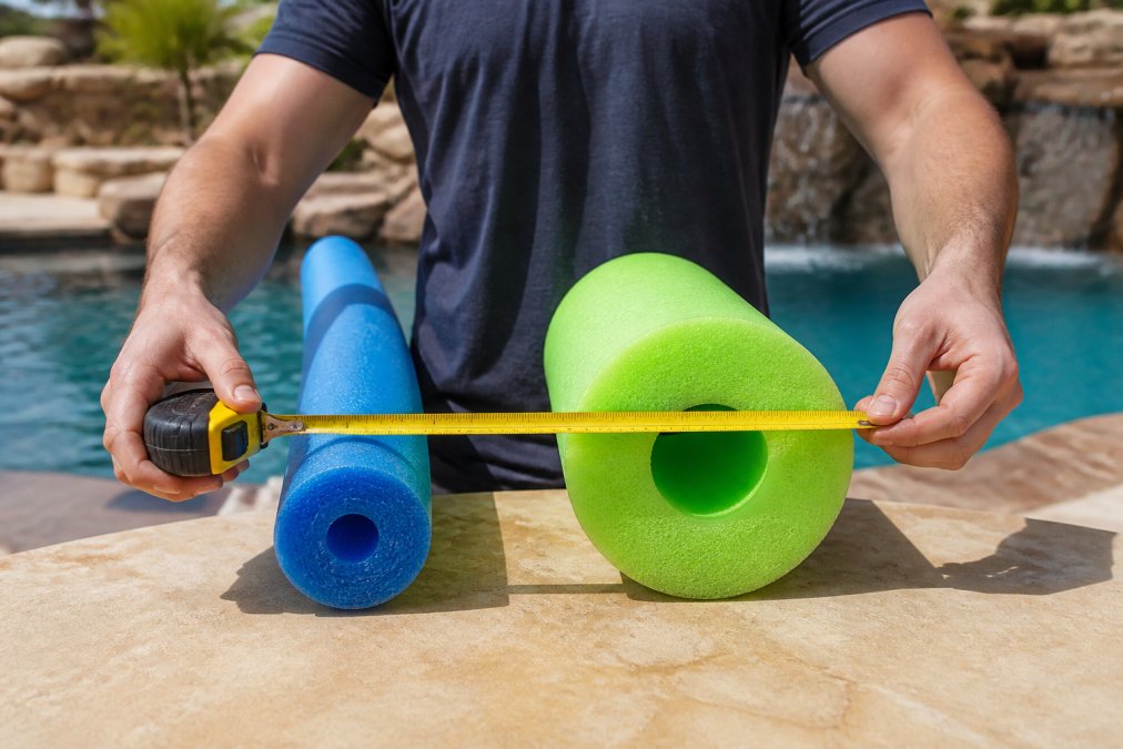 Person comparing a standard pool noodle to a thick jumbo noodle with a measuring tape on a pool deck