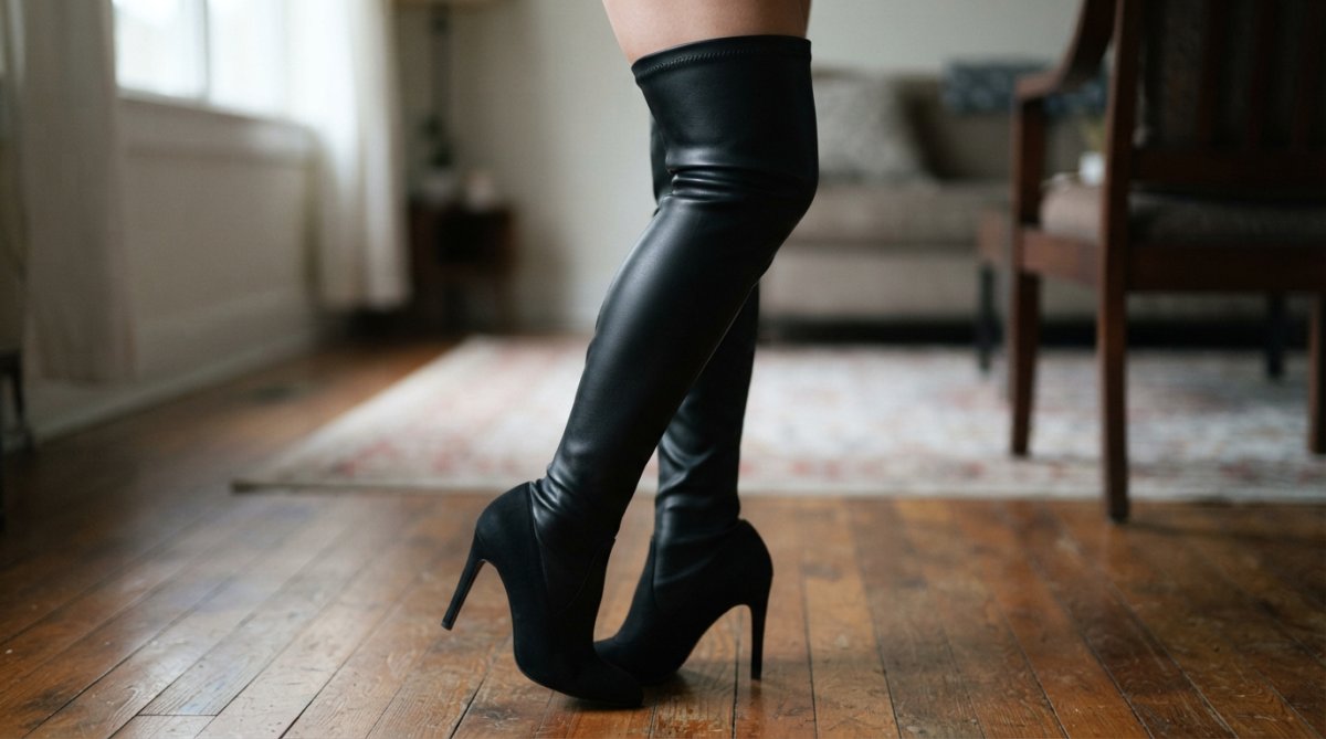Close-up of a woman's leg wearing a thigh-high boot sleeve fitted snugly over a black heel, the sleeve sitting smoothly without wrinkles or bunching, showing proper tension and positioning