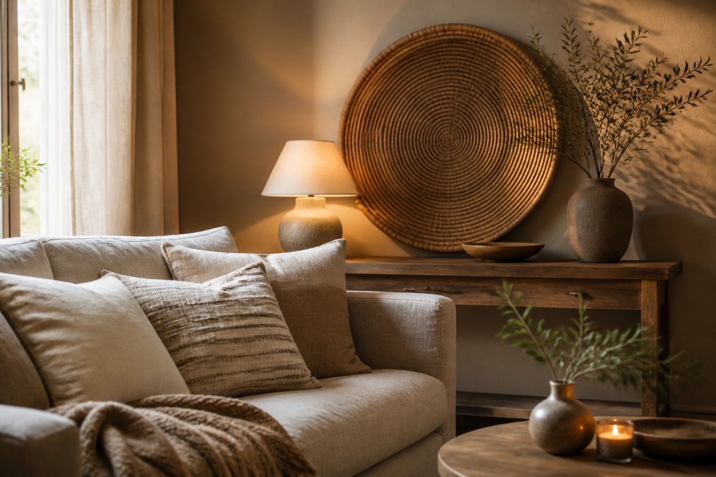 Gezellige woonkamer met een beige linnen bank voorzien van verschillende kussens in crème en taupe tinten, een rotan wanddecoratie van 80 cm achter een houten sidetafel, en warme lampverlichting die zachte schaduwen werpt op natuurlijke tinten