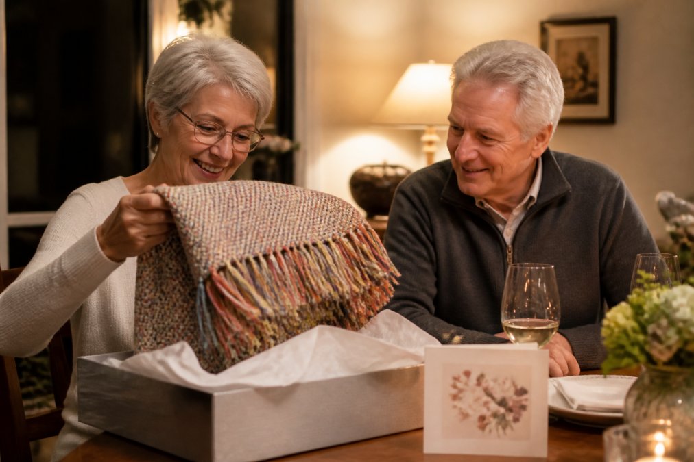 A couple in their sixties seated at a dining table, the woman lifting a folded cotton woven blanket with colorful fringe from a gift box while the man watches, warm evening lamp light, anniversary card on the table