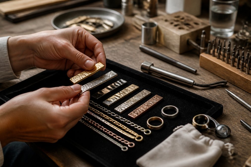 Hands carefully examining different metal finishes and material samples of jewelry pieces on a velvet display surface, inspecting engraving quality and texture details